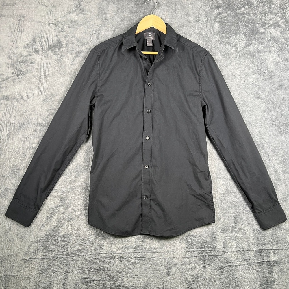 H&M Slim Fit Easy Iron Shirt Mens Medium Black Long Sleeve Curved Hem Button Up